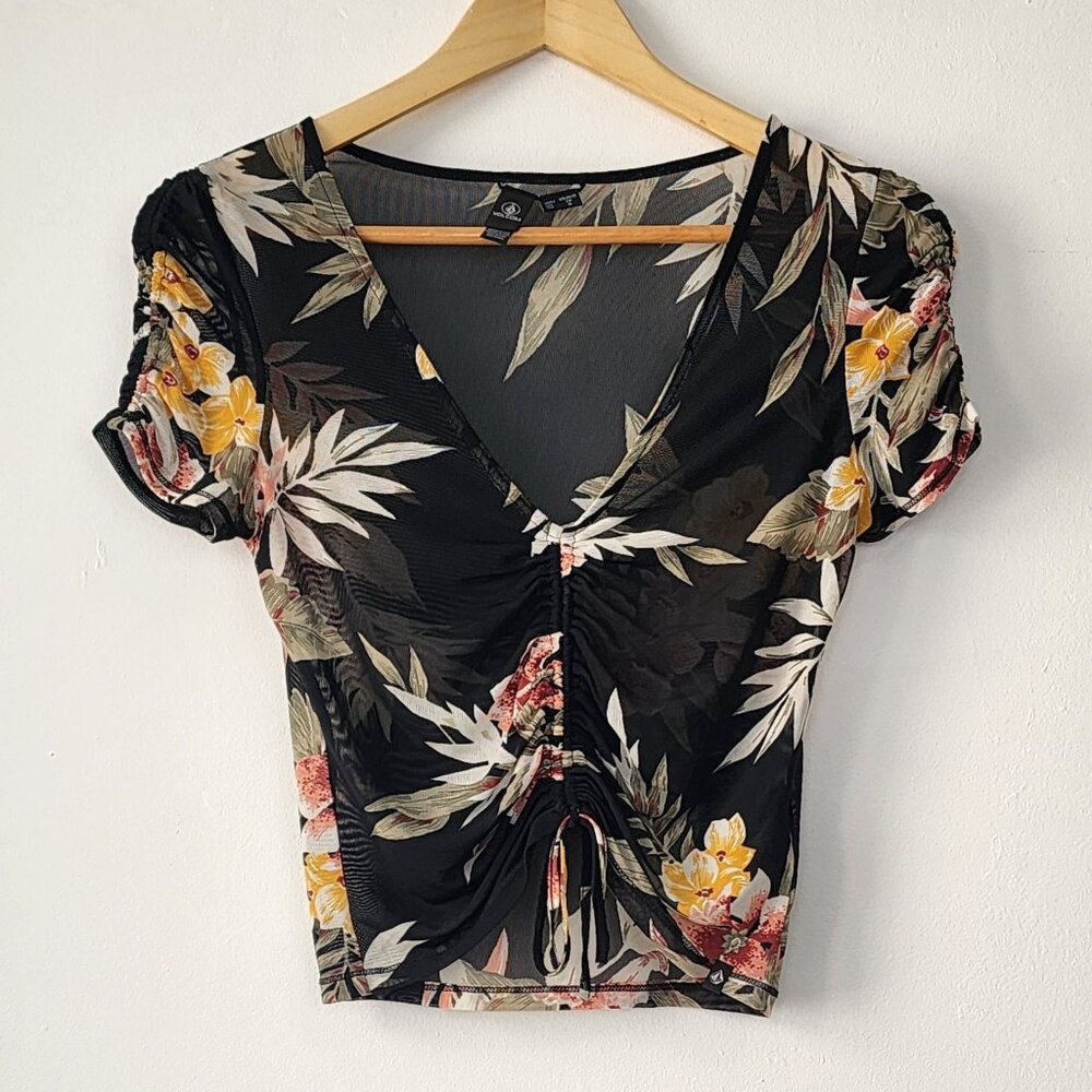 Volcom XS Tropical Floral Black Mesh Ruched Vneck Top Summer Costal Cowgirl Boho